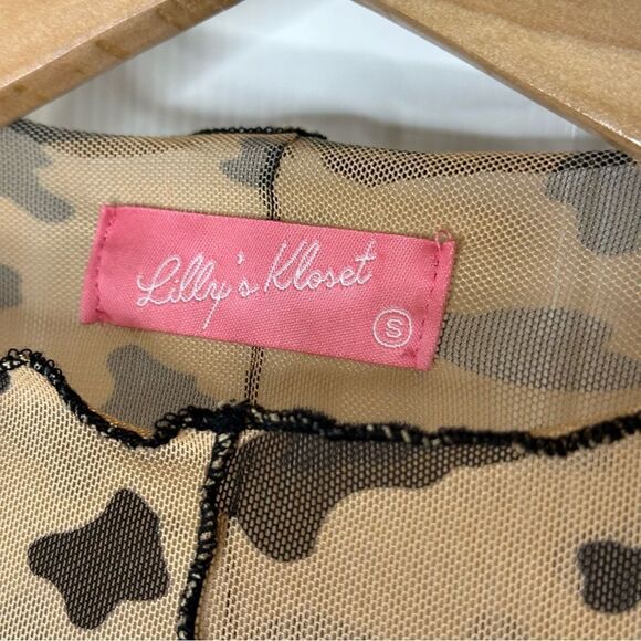 Lilly’s Kloset Tan Black Cqw Print Lettuce Trim Lomgsleeve Mesh Bodysuit Sz S - Picture 5 of 7
